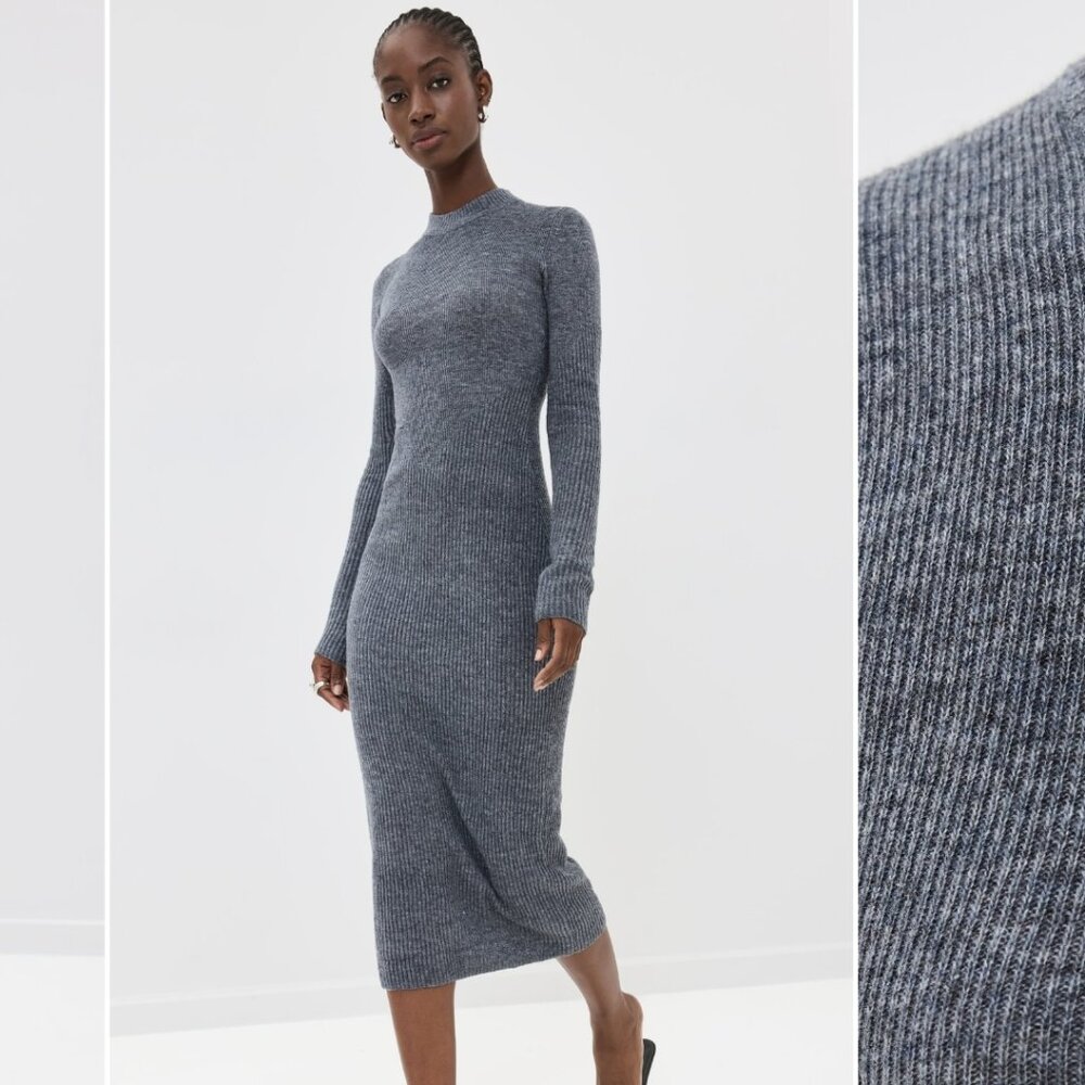 NEW STAUD Ramona Midi Dress Gray Wool Blend Neutral Modest Preppy